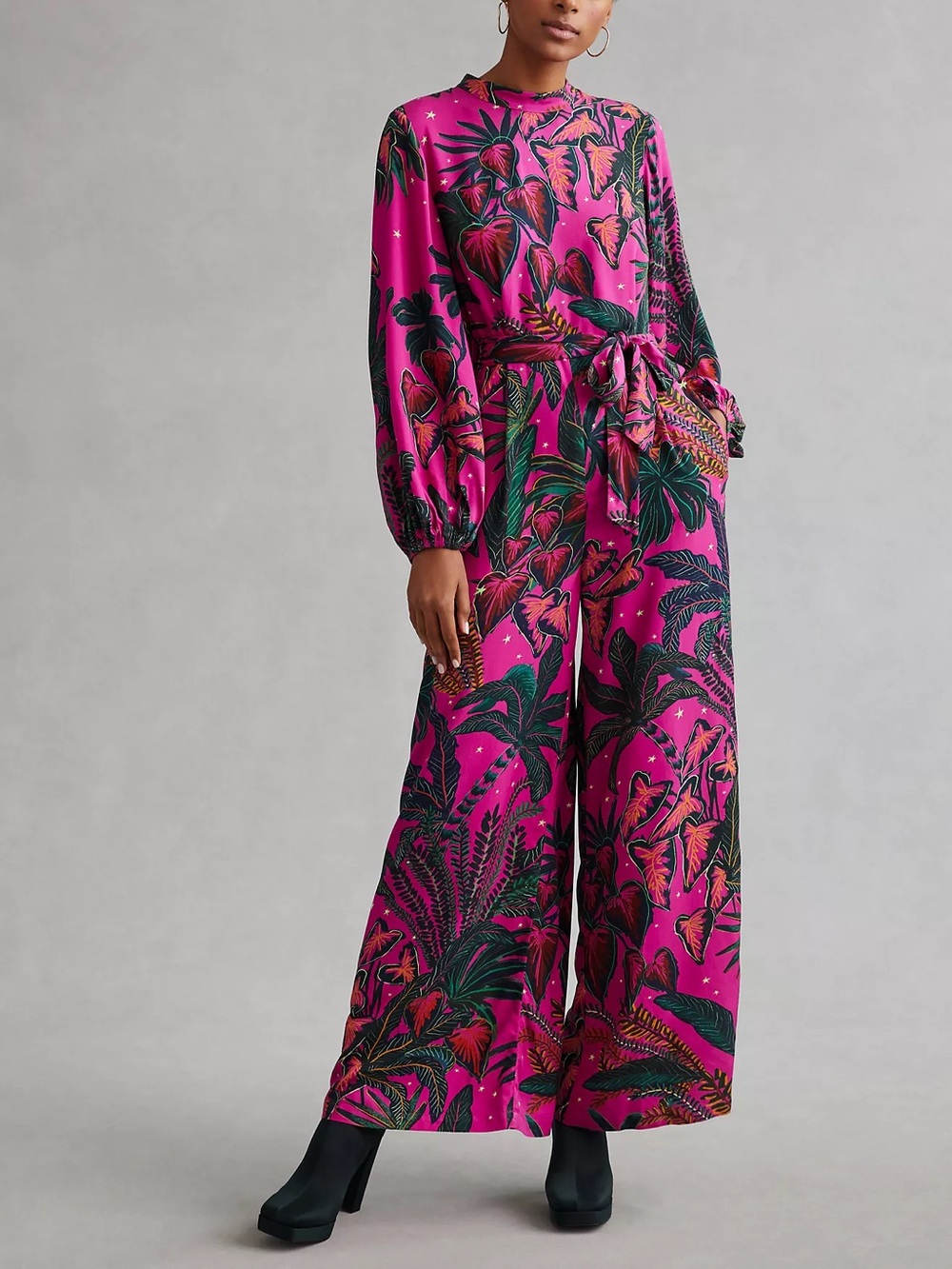 Farm Rio Anthropologie Wide Leg Jumpsuit Pink Tropical Floral size Small